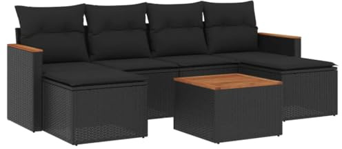vidaXL Garten Sofagarnitur mit Kissen 7-TLG., Gartenmöbel Gartengarnitur, Sitzgruppe Sitzgarnitur, Lounge Sofa Garnitur Terrasse, Schwarz Poly Rattan