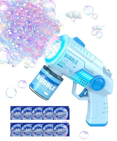 Pistola a Bolle per Bambini, Automatica Macchina di Sapone con 10 Pezzi Particella Concentrata a Bolla, 6000 + Bolle/Min, Luce LED, Estate per Festa/Spiaggia/Compleanno/Matrimonio(Blu)