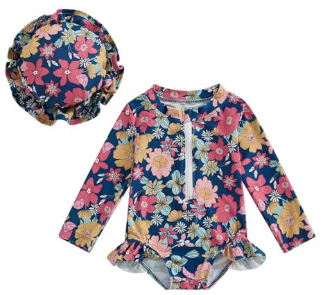HodJIU - Traje de baño para bebé, niña, antiUV, manga larga, estampado para piscina, natación, playa y sombrero de sol, Rojo floral, 18 meses