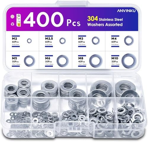 ANVINKU Unterlegscheiben Set, 400 Stück Flach Unterlegscheiben Edelstahl, 8 Größen Beilagscheiben Sortiment, Edelstahl Unterlegscheiben für Schrauben, Unterlegscheibe M2 M2.5 M3 M4 M5 M6 M8 M10