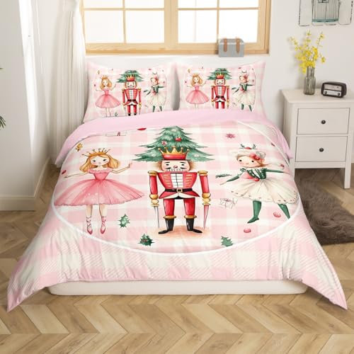Erosebridal Nutcracker Christmas Comforter Cover Twin Pink White Buffalo Plaid Duvet Cover for Kids Girls Royal Guarder Ballet Princess Bedding Set Grids Xmas Pine Tree Leaves Bed Set Soft Warm