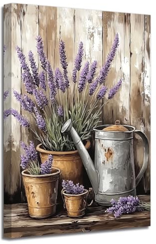LZIMU Wandkunst mit lila Lavendel Badezimmerdekor Vintage Blumen Leinwandbild rustikale Blumenkunstdrucke für Bauernhausküche Gerahmt (Asche, (30.00 x 45.00 cms))