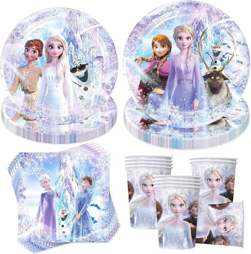 Sunshine smile Juego de 50 vajilla de fiesta de cumpleaños con diseño de Frozen, decoración de cumpleaños de Frozen, vajilla para fiesta de cumpleaños, con servilletas