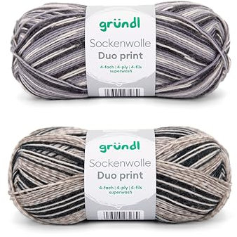 Gründl Wolle Sockenwolle Duo - Strickgarn für 2 Paar Socken - Strapazierfähig und hautfreundlich - 75% Schurwolle, 25% Polyamid - 2 Knäuel 100 g / 420 m - Nadelstärke 2,5-3 - grau-hellgrau-schwarz