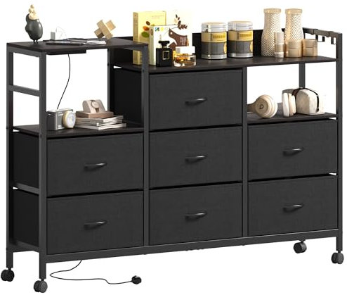 Lutown-Teen Chest of Drawers with Charging Station on Wheels, Cabinet Stand for 32 Inch TV with 7 Fabric Drawers and Storage Shelf, Black