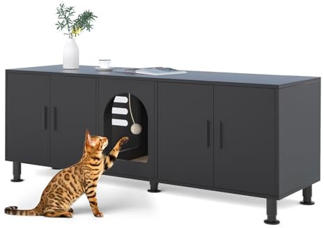 Amunrbrek Double Litter Box Enclosure with Cat Scratch Mat & Motion Sensor Light, Wooden Litter Box TV Stand for 2 Litter Boxes & 2 Cats (Black)