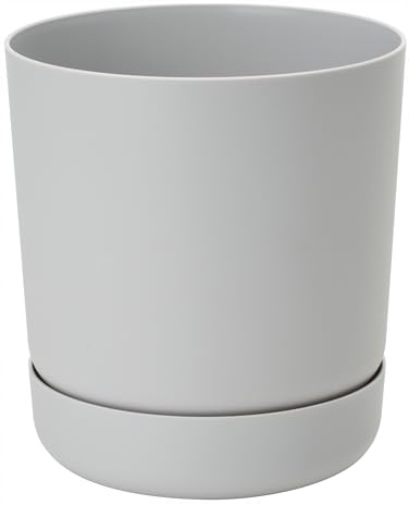 B2C Plant Pot with Saucer Flowerpot Round Plastic Modern Decorative 6 Pastel Colours Round Minimalistic Home Patio 1.5L 2.3L 3.3L (Platinum, 15cm)