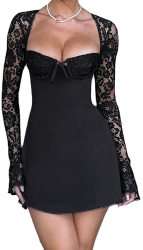 Miolasay Women's B-Black Lace Elegant Mini Dress, A-Line, Backless, Tie-up, Long Sleeves, V-Neck, Fitted Waist, Polyester, Machine Wash, Size M