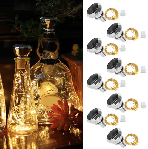 HIULLEN 8 Stück Solar Flaschen Licht, Solar LED Flaschenlichter, 2M 20LED Flaschenlichterkette Korken, Außen LED Korken Weinflasche Lichtkette für Flasche DIY, Party, Garten, Hochzeit Deko(Warmweiß)