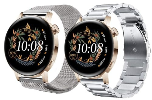 Bracelet Compatible avec Huawei Watch GT3/GT2 42mm/GT3 Pro 43mm Métal Bracelets, Acier Inoxydable Bande Maille Bracelets de Remplacement pour Homme Femme, Argent