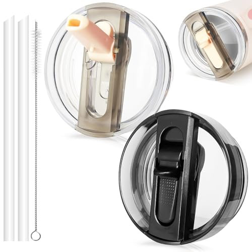 DealKits 2 Stück Deckel für Stanley Cup Deckel Auslaufsicher, mit 2 Stück Trinkhalmen und 1 Strohhalm Bürste, Ersatzdeckel für Stanley Quencher H2.0 40oz Cup, Wiederverwendbarer (Weiß+Schwarz)