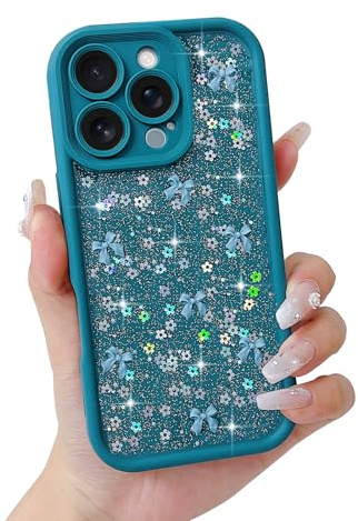 Micoden 3D Bow Case for iPhone 16 Pro Max with Glitter Star-Green | Cute Bowknot Pattern Sparkly Bling Back Cover,Slim Soft TPU Shockproof Protective Aesthetic Design Phone Case for Girls Women