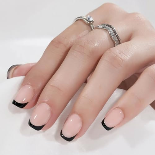French False Nails Short - 24Pcs Black French Tip Press On Nails - Full Cover Short Square Stick on Nails with Glue - Glossy Acrylic Nude Fake nails for Women DIY Nail Art