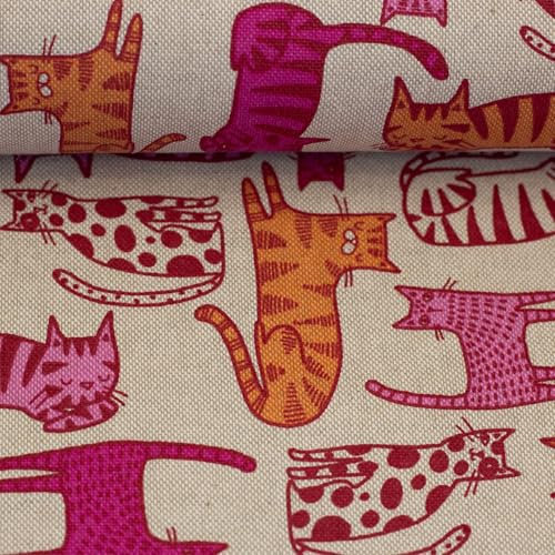Dekostoff Canvas LINDE Leinenoptik - Meterware - Katzen, pink-orange-beige - Ökotex - ab 50cm - für Taschen, Kissen, Home Decoration