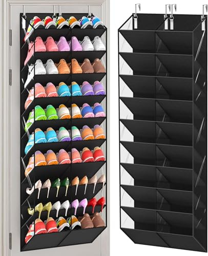UVIAHOMI 20-30 Pairs Over the Door Shoe Organizer, Clear Pockets Hanging Shoe Storage for Closet, 10-Tier Door Shoes Rack, Handing Shoes Holder Fit All the Family's Sneakers, Boots, Heels, Black
