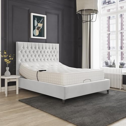 Zaye Living Harper Electric Adjustable Bed Frame with Fabric Chesterfield Headboard Modern Design, Durable Metal Base – Luxury & Adjustable (Silver, 4ft Small Double)