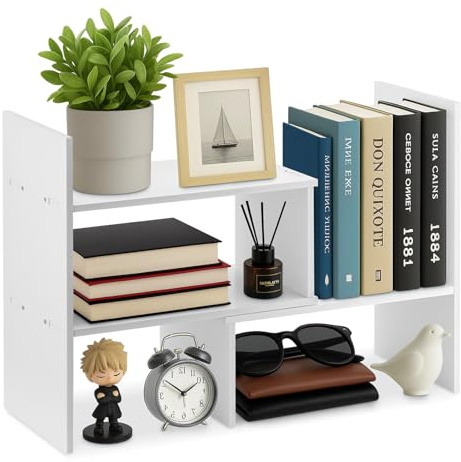 Bookcase Wood Desktop Book Shelf Expandable Desk Organiser Office Storage Bookcase for Home or Office Black (White)