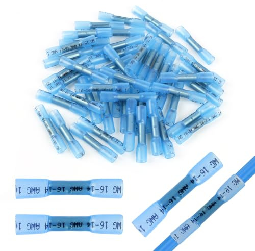 50 Pièces Cosses Thermorétractables 16-14 AWG, Connecteurs de Fils, Connecteurs Électriques en Gaine Thermorétractable en Métal Bleu pour Applications Automobile, Nautique et Industrielles (AWG 16-14)