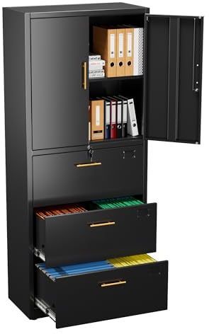 Aobabo Metal Storage Filing Cabinet mit 3 Schubladen, Metall -Büro -Aktenschrank mit abschließbaren Türen und Schubladen für Home Office, Hangdateien Brief/Rechtsgröße, Schwarz, Schwarz
