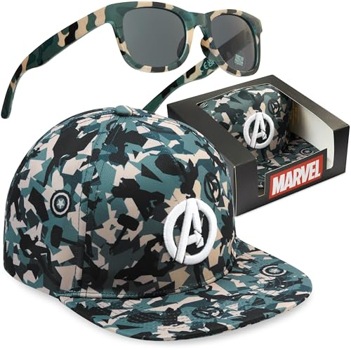Get Trend Marvel Avengers Gorra y Gafas de Sol Niño 6-14 Años Set, Gorra Infantil Verano, Protección UV y Gafas Sol Niño, Regalo Niños (Camo Avengers)