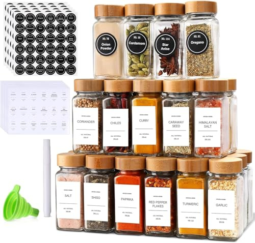 MHDCLY Spice Jars, Spice Jars With Labels-4oz 24pcs, Spice Containers With Bamboo Lids, Seasoning Containers With White Printed Spice Labels, Kitchen Organizer,seasoning jars