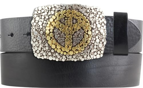BELTINGER Gürtel aus Vollrindleder mit Peace-Schließe 40mm | Ledergürtel mit Hippie Buckle für Damen Herren 4,0cm | Leder-Gürtel mit Druckknöpfen 4cm