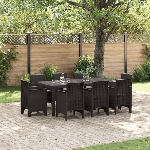 IBUQDDV 9-teiliges Garten Essgruppe mit Auflagen Braun Poly Rattan Set für 8 Personen, Outdoor Esstischgruppe mit Polsterauflagen, Gartenmöbel aus Kunststoffgeflecht,