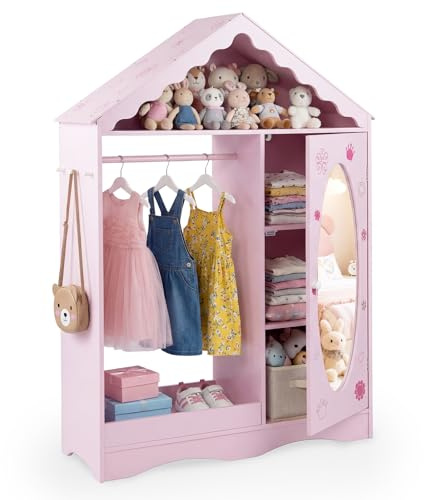 COSTWAY Armadio con Specchio per Bambini, Guardaroba Coperto con Appendiabiti Aperto, Scaffali e Ganci, Armadio e Organizzatore di Costumi per Camera da Letto e Stanza dei Giochi (Rosa)