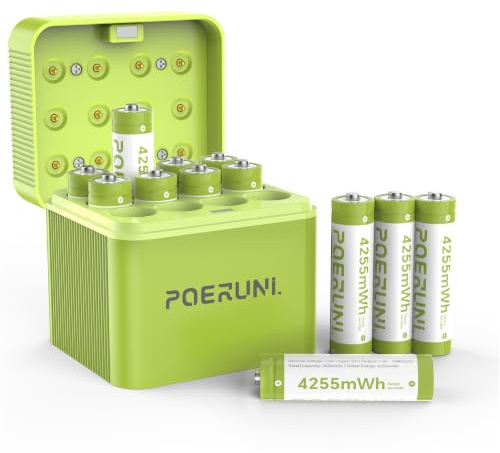 POERUNI.1.5V Rechargeable Lithium Battery with Charger – AA (4255mWh),Deep Multi-cycle, USB-C Fast Charging – Long-Lasting and Durable Lithium-ion Battery.(12*AA Charger set)