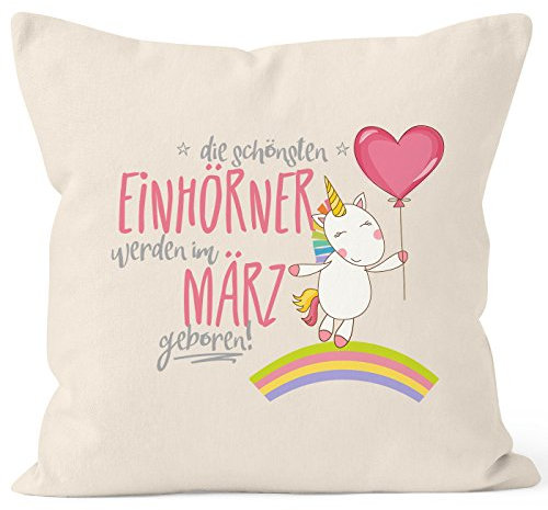 MoonWorks Kissenbezug die schönsten Einhörner Werden im März geboren 40x40 Baumwolle Geschenk Geburtstag Unicorn Natur 40cm x 40cm