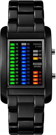 TONSHEN Sport Digital Binäre Uhr für Herren Damen 50M Wasserdicht Cool Uhren Rechteck Schwarz Edelstahl Armbanduhr Farbe LED Licht Kalender Mode Uhren