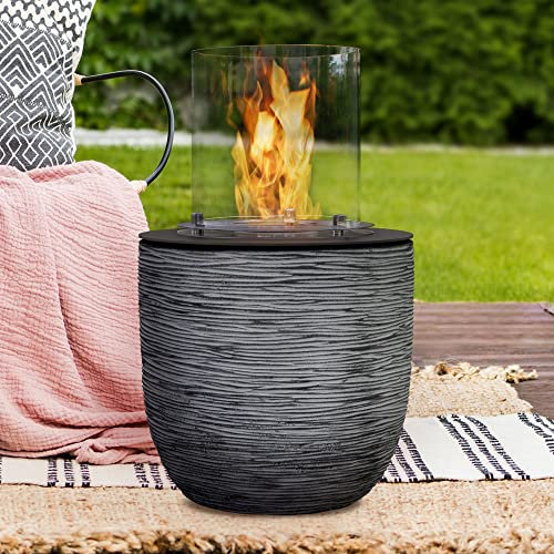 muenkel design Vagos – Riffelung schwarz-grau – Bio-Ethanol Feuerstelle Gartenfackel Terrassenfeuer mit Round Burner 300 Brennkammer