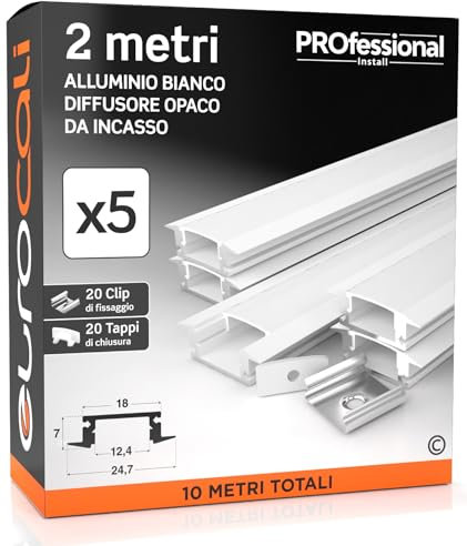 Eurocali 5x Profili da 2 metri (10mt) in Alluminio Bianco per Strisce LED Schermatura Opaca ingombro max striscia led 12.4mm - 24.7 x 7