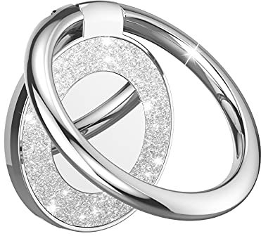 Pikabo Cell Phone Ring Holder Finger Kickstand - 360 Degree Rotation Metal Ring Grip for Magnetic Car Mount Compatible with iPhone, Samsung, All Smartphone. (Glitter Silver)
