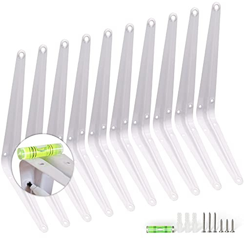 KOOLPUG Shelf Brackets with Screws and Mini Spirit Level, 10 Pcs London Shelf Brackets, Wall Mount Shelf Brackets, Bookshelf Bracket, Floating Shelve Bracket (White,10Pc) (6x8 Inch)