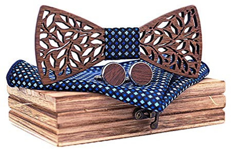 HZQIFEI Hölz Fliege Herren, Holzfliegenset Holzfliege Holzfliege ManschettenknöPfe Corsage Quadratischer Schal Fliege Set (Style#8)