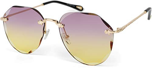 styleBREAKER Damen Piloten Sonnenbrille Rahmenlos mit getönten Gläsern im Diamant Schliff, Geprägte Bügel, Vieleckige Gläser 09020106, Farbe:Gestell Gold/Glas Violett-Gelb Verlauf
