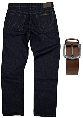 Regular Fit Wrangler Stretch Herren Jeans inkl. Texas Gürtel (Rinsewash + Brauner Gürtel, W34/L30)