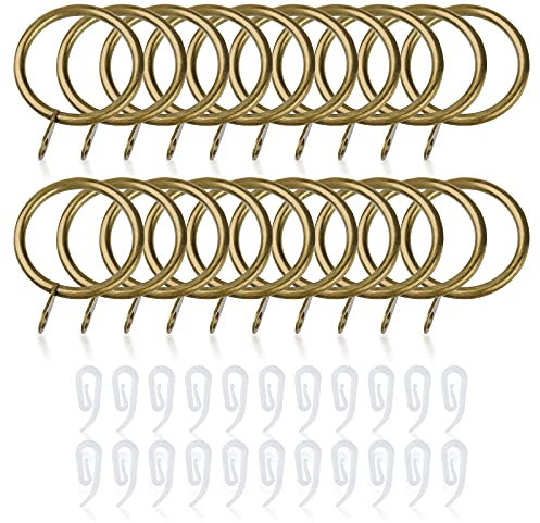 XRF 20 Pack Metal Curtain Rings and Hooks 30mm - White Plastic With 22 Clips for Hanging Window and Shower Curtains (Brass)