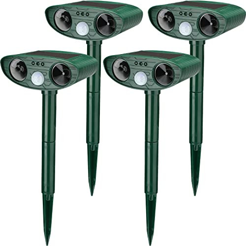 Lot de 4 répulsifs à ultrasons à énergie solaire pour animaux avec détecteur de mouvement - Imperméable - Répulsif pour chat, chien, écureuil, raton laveur, mouffette et rats - Vert