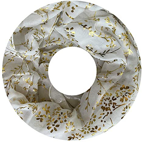 Lina & Lily Damen Loop Schal mit Goldenen Blumen (Weiß)
