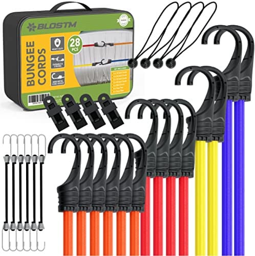 BLOSTM Premium Bungee Cords with Hooks - 28pcs UV Resistant Bungee Straps Set with Tarp Clips & Flag Bungees, Non-Scratch Bungee Cords with Balls & Tarpaulin Clips - Heavy Duty Set of 28