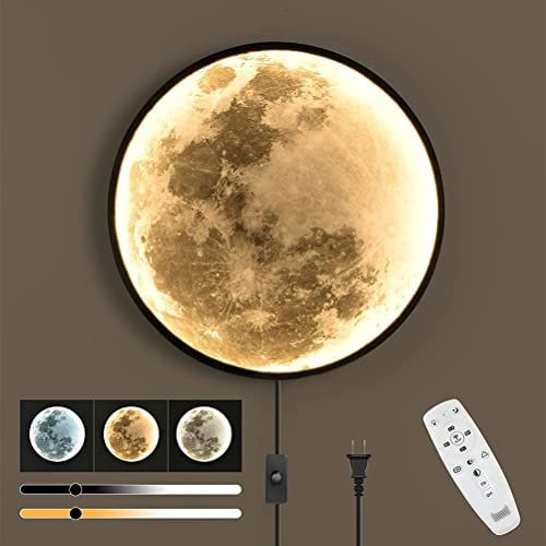 LED Wandleuchte Dimmbar mit Fernbedienung, Ø60cm Mond Wandlampe mit Schalter und Stecker, Modern Art Deco Mond Lampe Wand Wohnzimmerlampe Innen groß Vollmond Wandbeleuchtung Dekoration Deckenlampe 36W