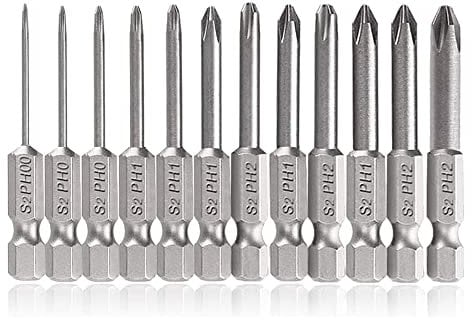 Fixinus 12 Stücke Kreuzschlitz-Schraubendreher-Bits, 1/4 Zoll magnetisches Sechskantschaft-Kreuzkopf-Schraubendreher-Bit-Set, PH00 PH0 PH1 PH2 Bohrwerkzeug-Zubehör, 50mm Länge