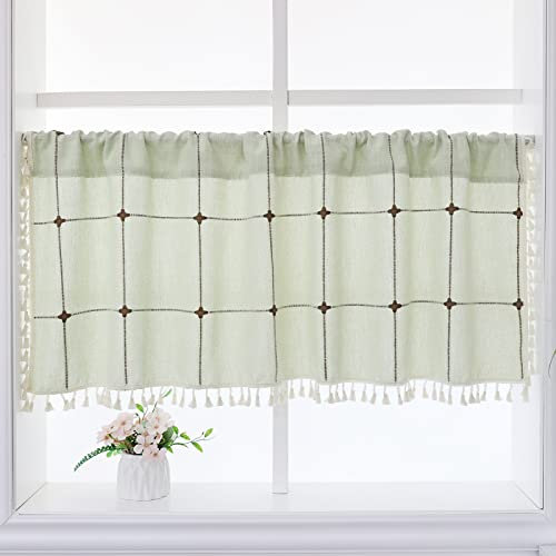 USbelff Kariert Leinen Küchen Vorhang, Landhausstil Scheibengardine Vintage 45 cm Hoch 132 cm Länge, Quasten Bistrogardine Retro Vorhänge, Fensterdekoration für Schlafzimmer Wohnzimmer