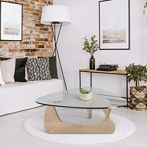 Tisch Dreieckiger Couchtisch aus Glas Vintage-Glas-Beistelltisch, Massivholzsockel und Dreieck-Klarglasplatte Moderner Beistelltisch für Wohnzimmer, Terrasse, Arbeitszimmer, Nussbaum