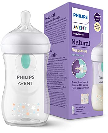 Philips Avent Bottle Natural with Responsive Dummy and Anti-Colic Attachment AirFree 260 ml Decor Bear, 1 Piece (Model SCY673/82)