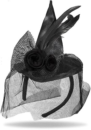 Hatstar Lila Hexenhut Haarreif | Stirnband mit Schleier, Schleife & Federn | Haarschmuck Accessoire für Ihr Hexen Kostüm | Halloween Kopfschmuck | Karneval & Fasching (Schwarz)