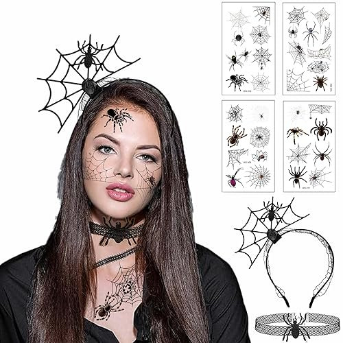 Halloween Haarreifen Spinnen,Halloween Spinne Haarband,Spinne Haarreif,Halloween Haarreifen,mit Halloween-Spinnenhalskette Und Spinne Tattoos,Für Halloween, Karneval und Fasching verkleiden sich