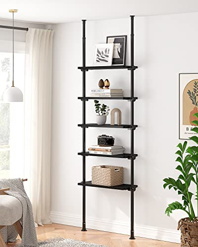 ALLZONE 5-Tier Narrow Bookshelf, Adjustable Ladder Shelf with Open Storage, Floor-to-Ceiling Tension Mount, Wooden Industrial Bookcase for Living Room, 92-116 Inches, Black